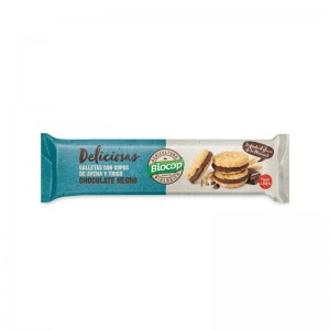 Galletas deliciosas con copos de avena y trigo rellena de choco negro bio 150g Biocop