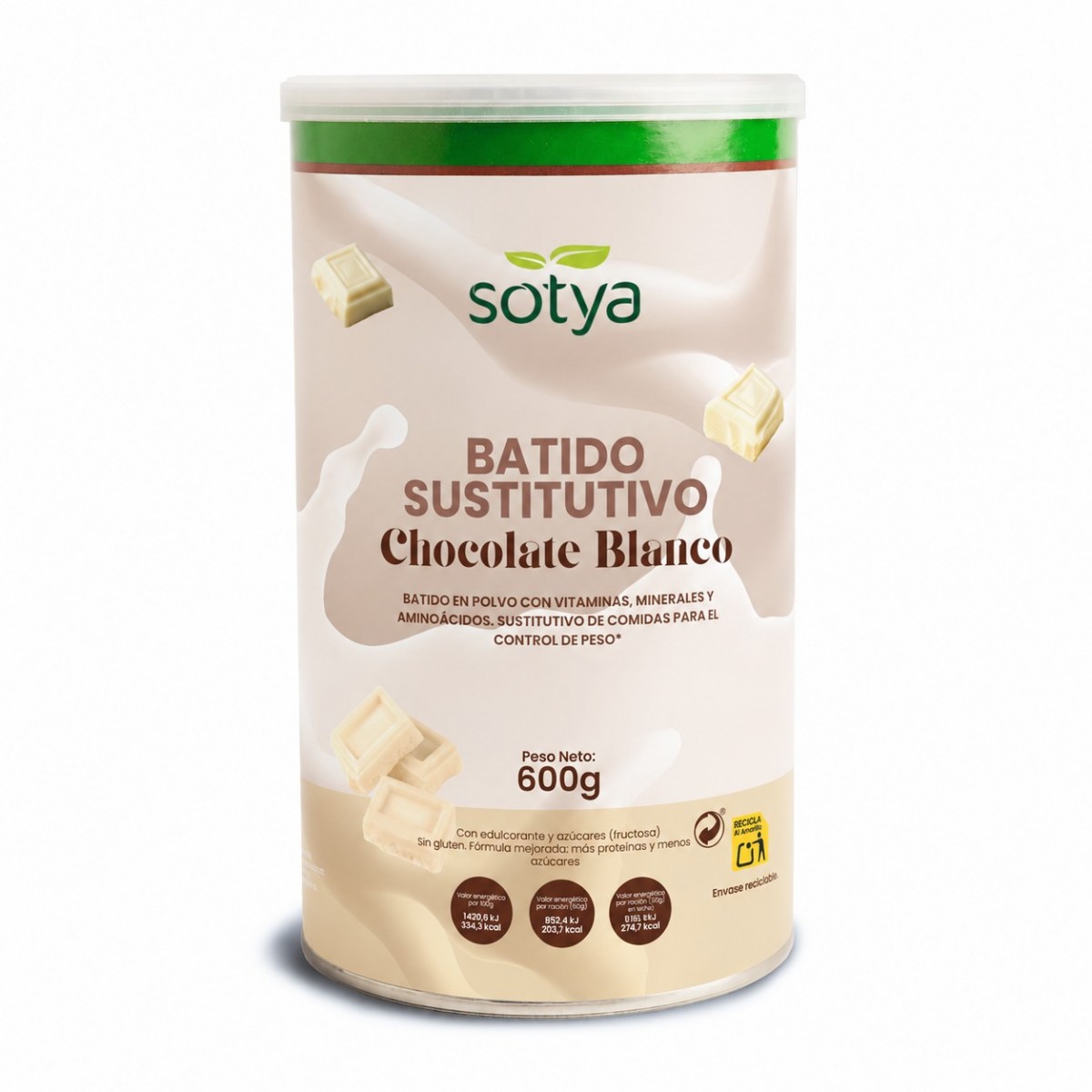 Batido sustitutivo saciante de chocolate blanco 600g Sotya