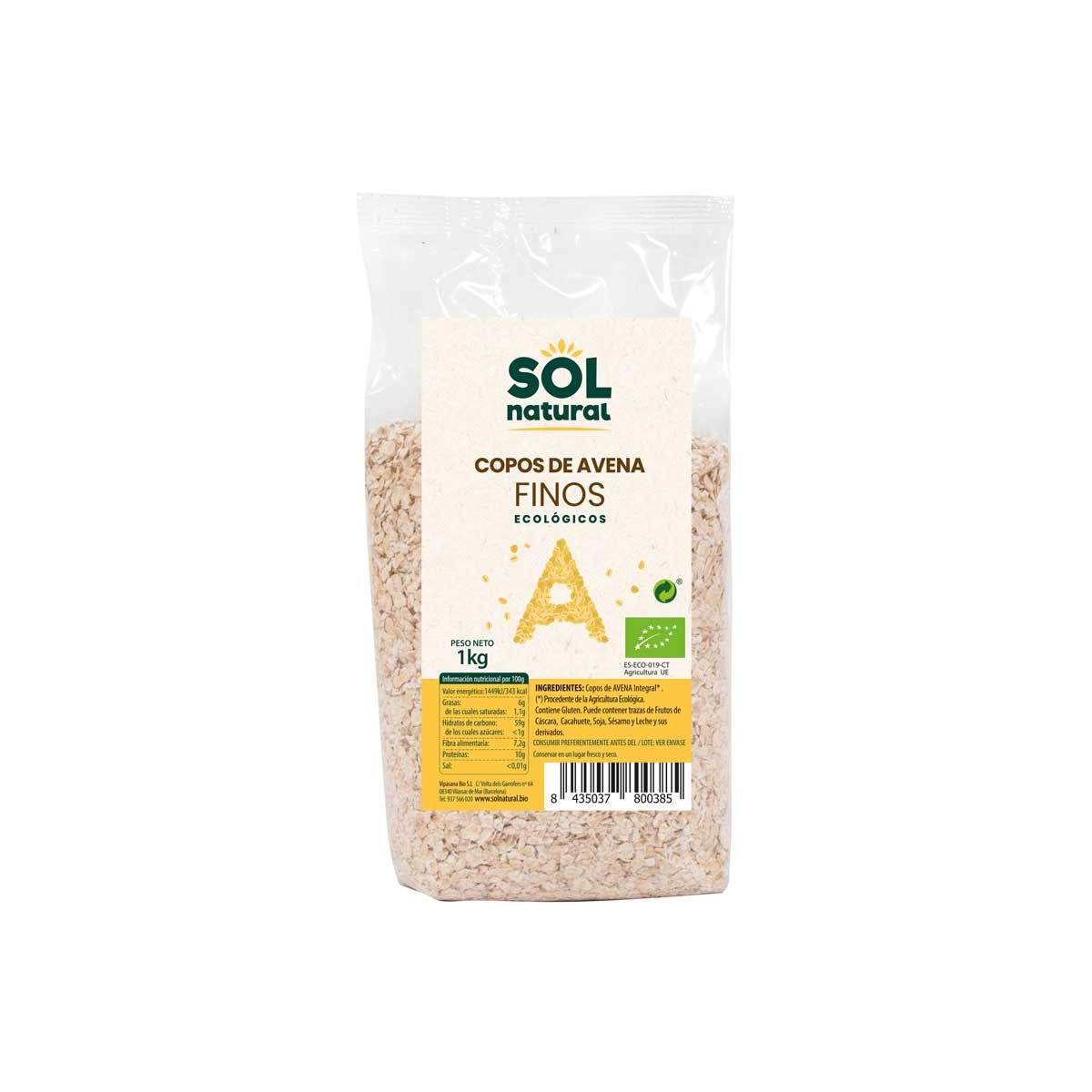 Copos de avena finos bio 1kg Sol Natural