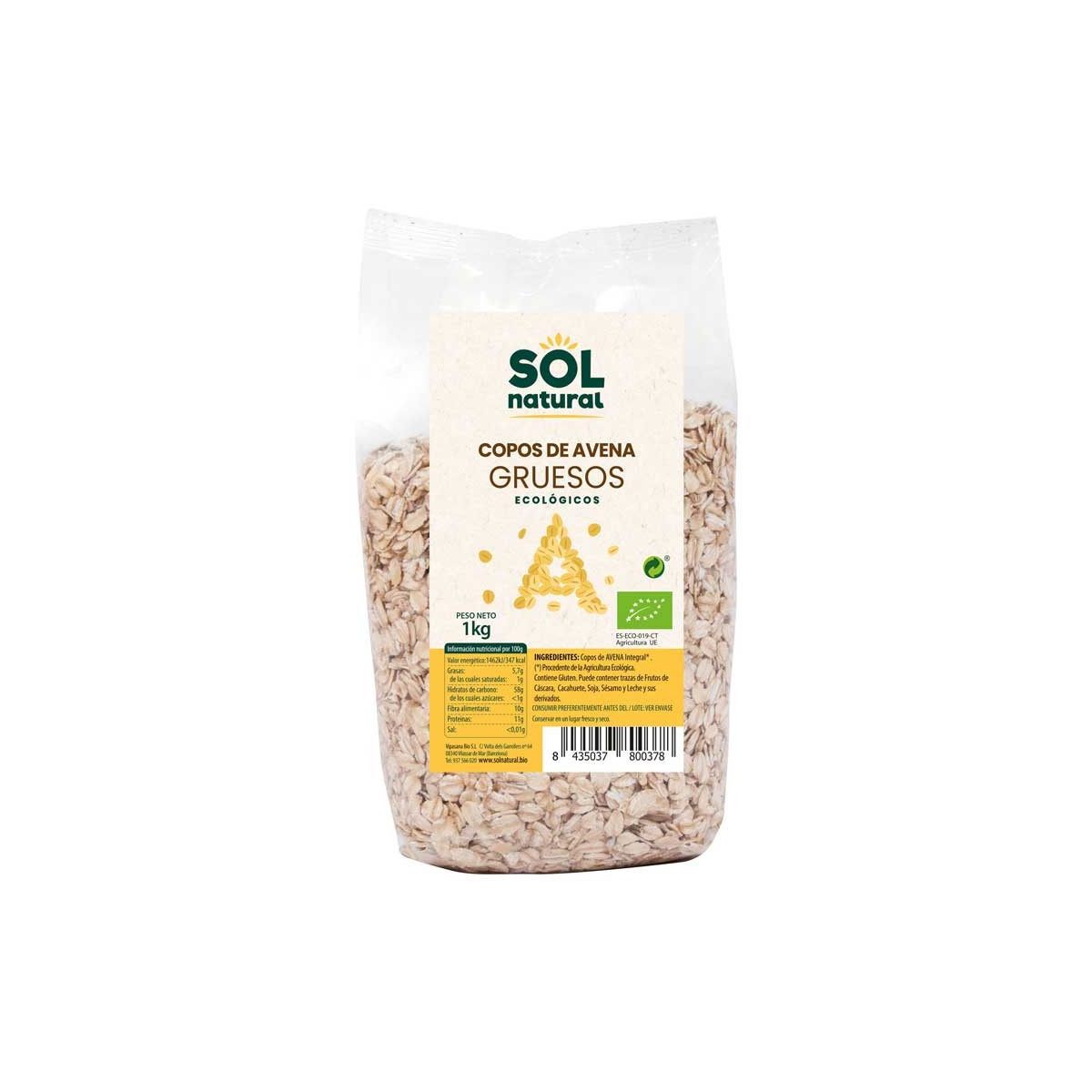 Copos de avena gruesos bio 1kg Sol Natural