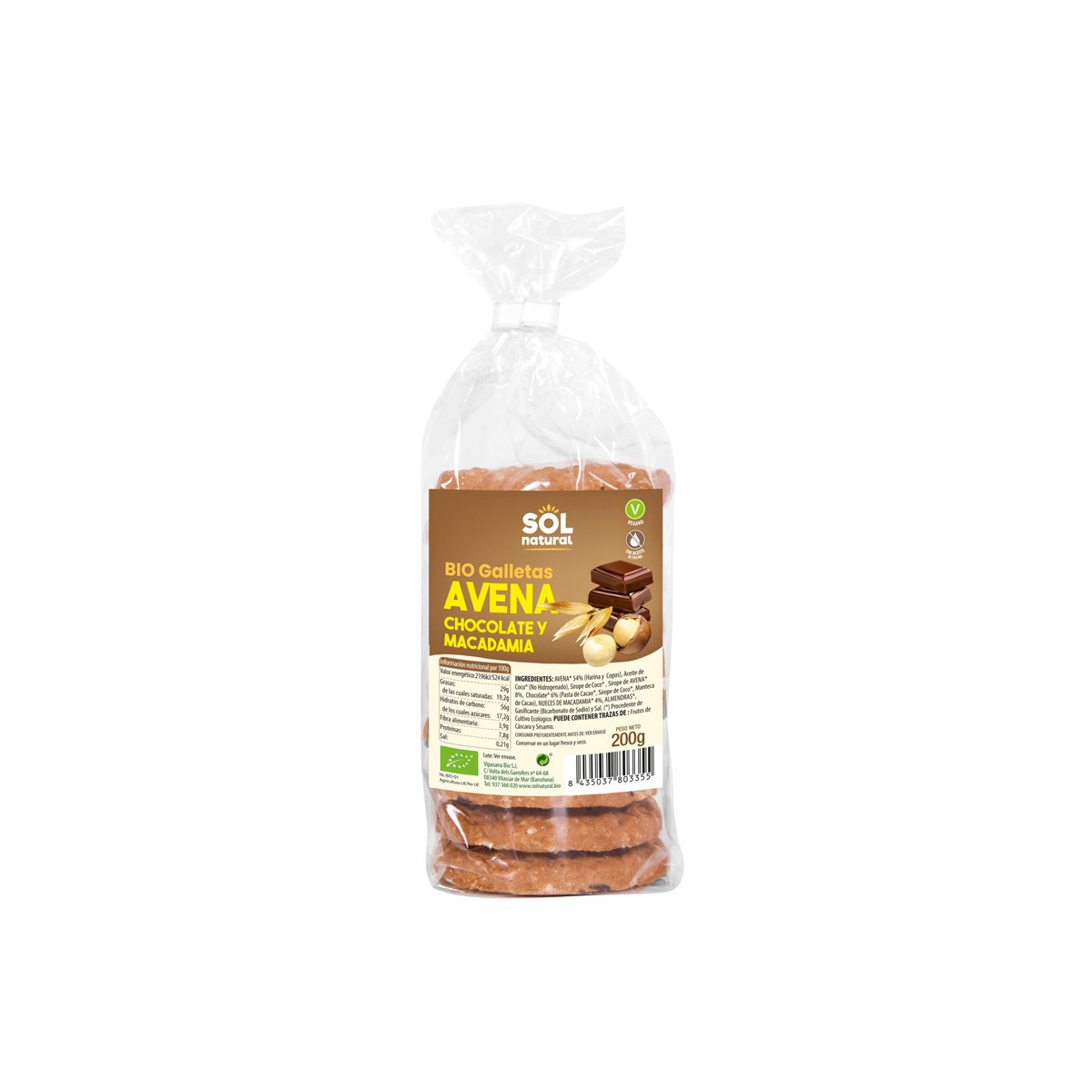 Galletas Avena Chocolate y Macadamia Bio 200g Sol Natural