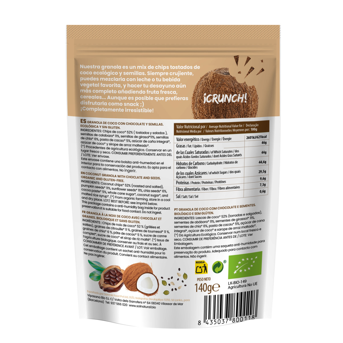 Granola crunchy de Coco con Chocolate y Semillas Bio 140g Sol Natural