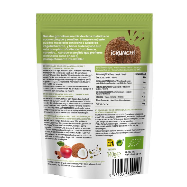 Granola crunchy de Coco con Manzana, Canela y Semillas Bio 140g Sol Natural