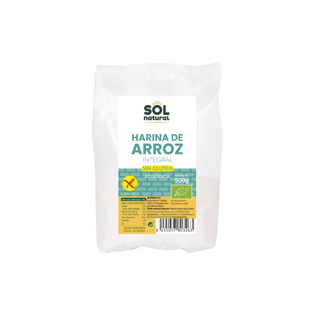 Harina de arroz integral sin gluten bio 500g Sol Natural
