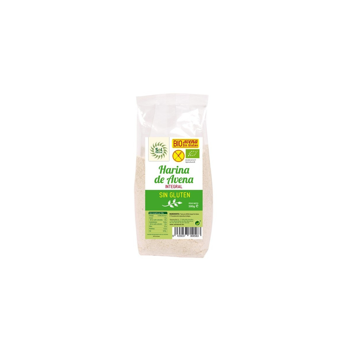 Harina de avena integral molida sin gluten bio 500g Sol Natural