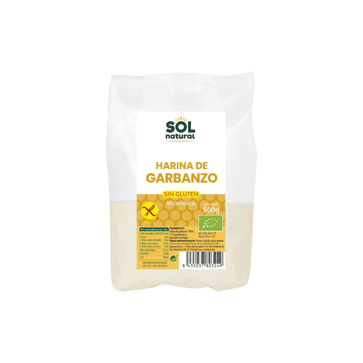 Harina de garbanzo sin gluten bio 500g Sol Natural