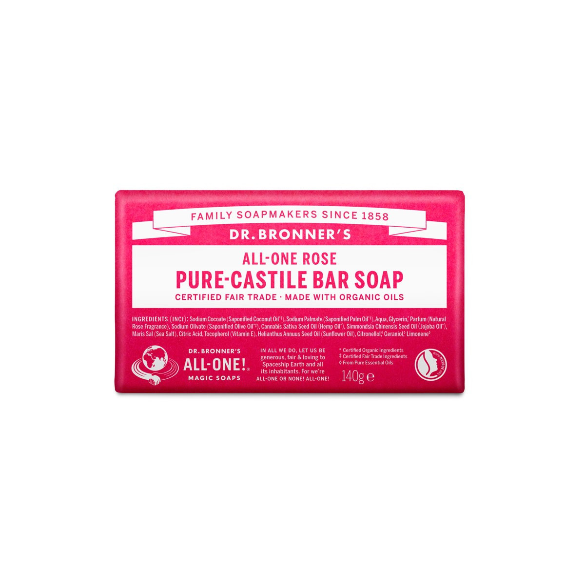 Pastilla de jabon de rosas bio 140g Dr. Bronner's