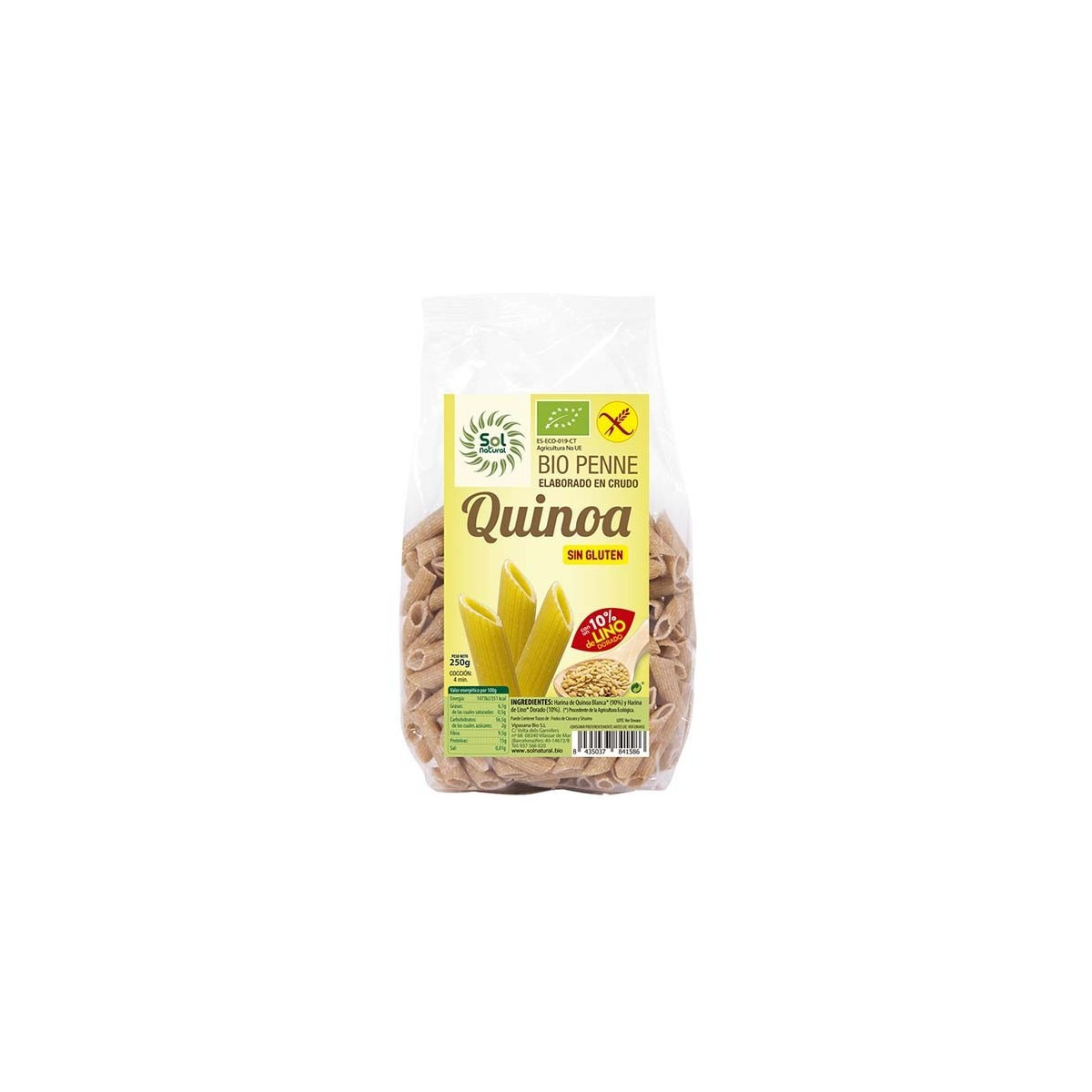 Penne de quinoa con lino bio sin gluten 250g Sol Natural