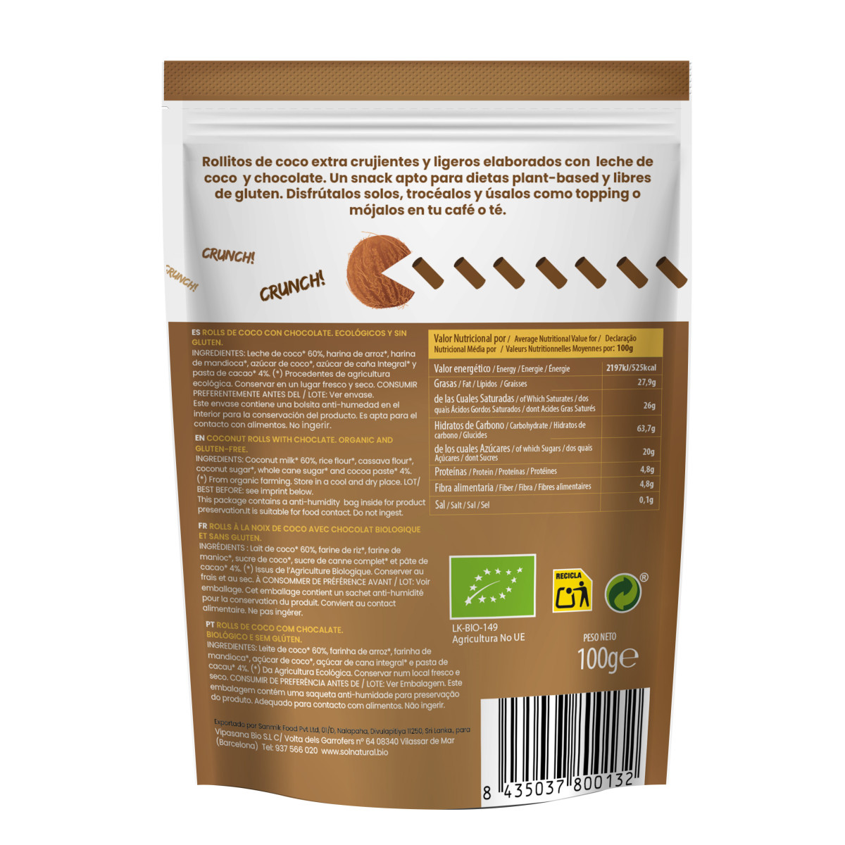 Rolls de Coco y Chocolate crujientes Bio 100g Sol Natural