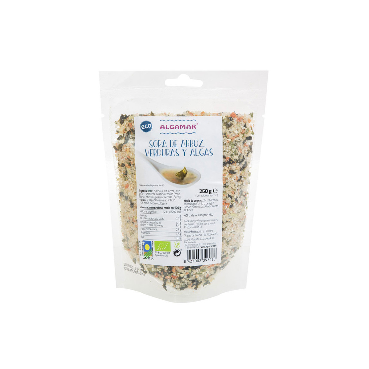 Sopa de arroz verdura y algas 500g Algamar