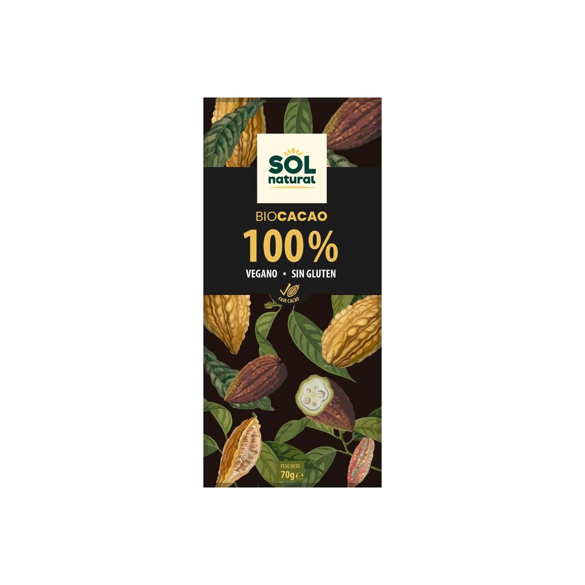 Tableta chocolate cacao puro 100% Bio 70g Sol Natural