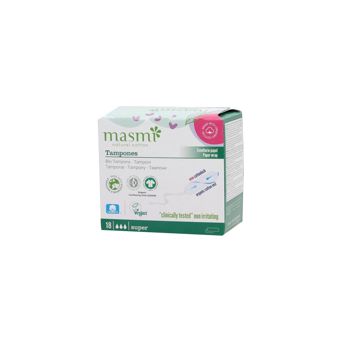Tampones de algodon super sin aplicador bio 18ud Masmi